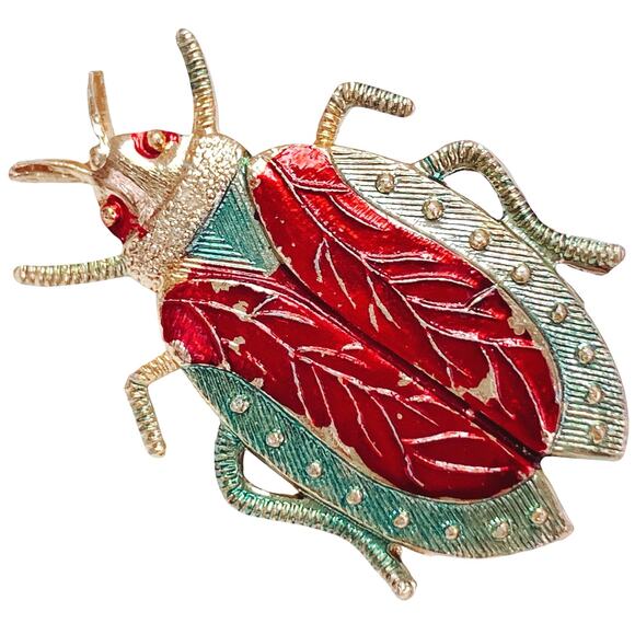 Vintage 1960s Hong Kong Beetle Brooch Red Enamel Gold Tone Insect Whimsical Pin - Picture 1 of 8